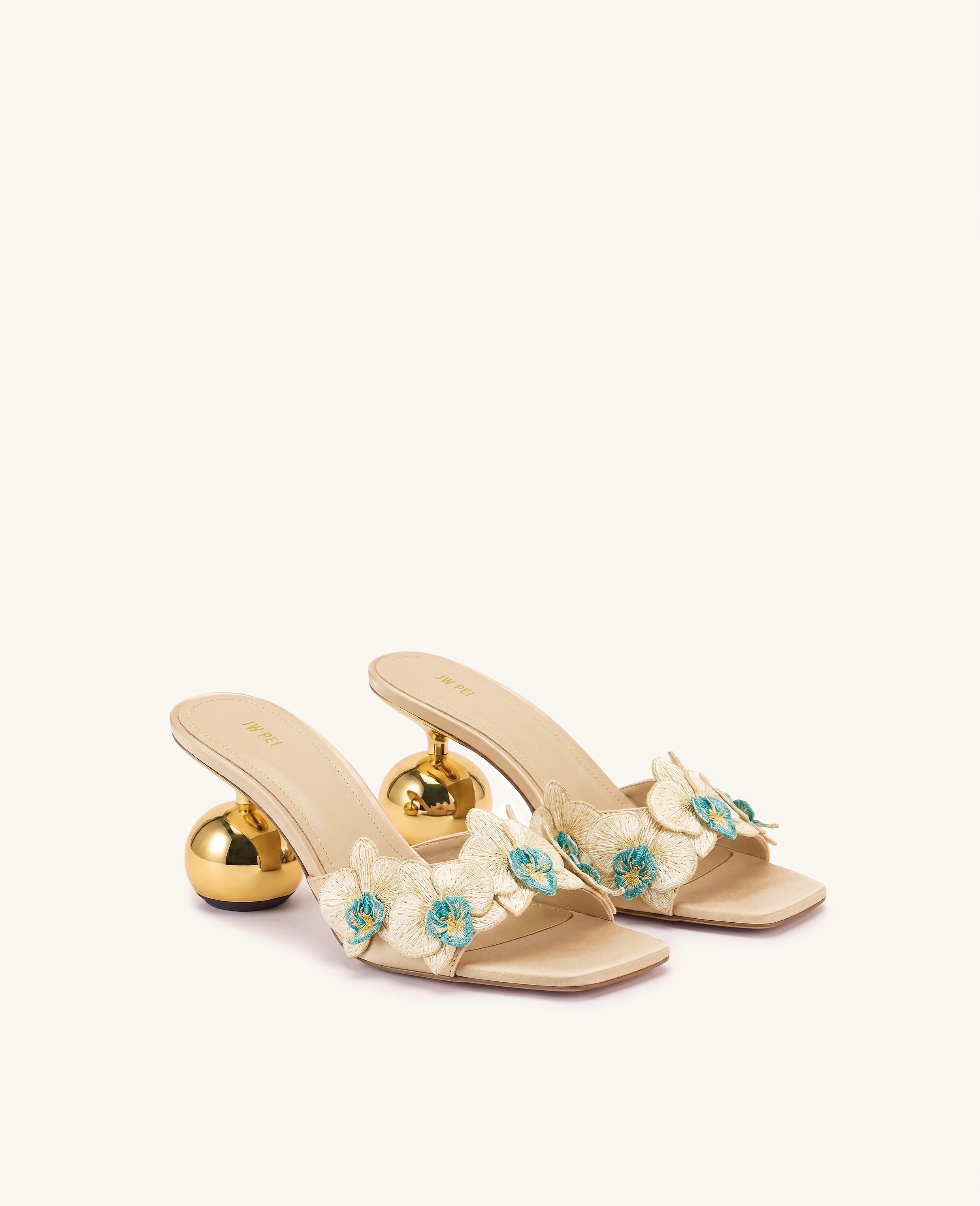 Celia Orchid Embroidered Sphere Heel Mules - Khaki