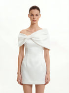 Satin Asymmetric Bow Mini Dress - White