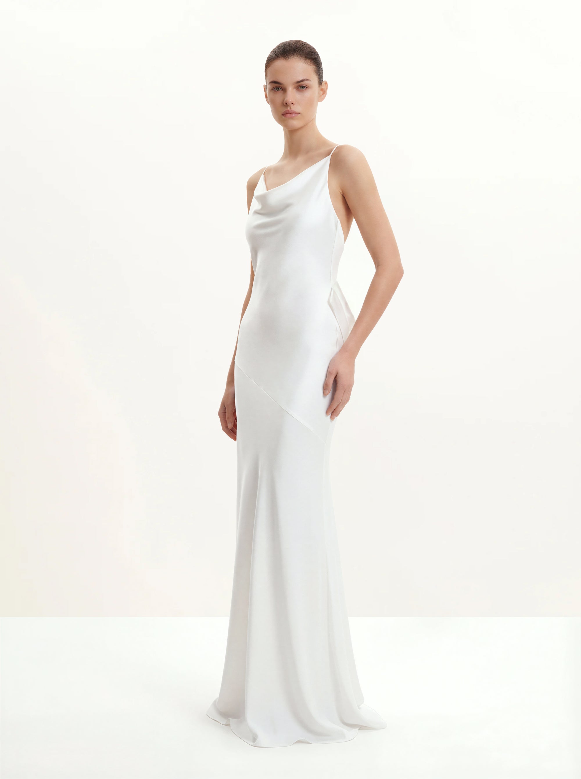 Satin Cowl-Neck Bow-Back Maxi Dress - White