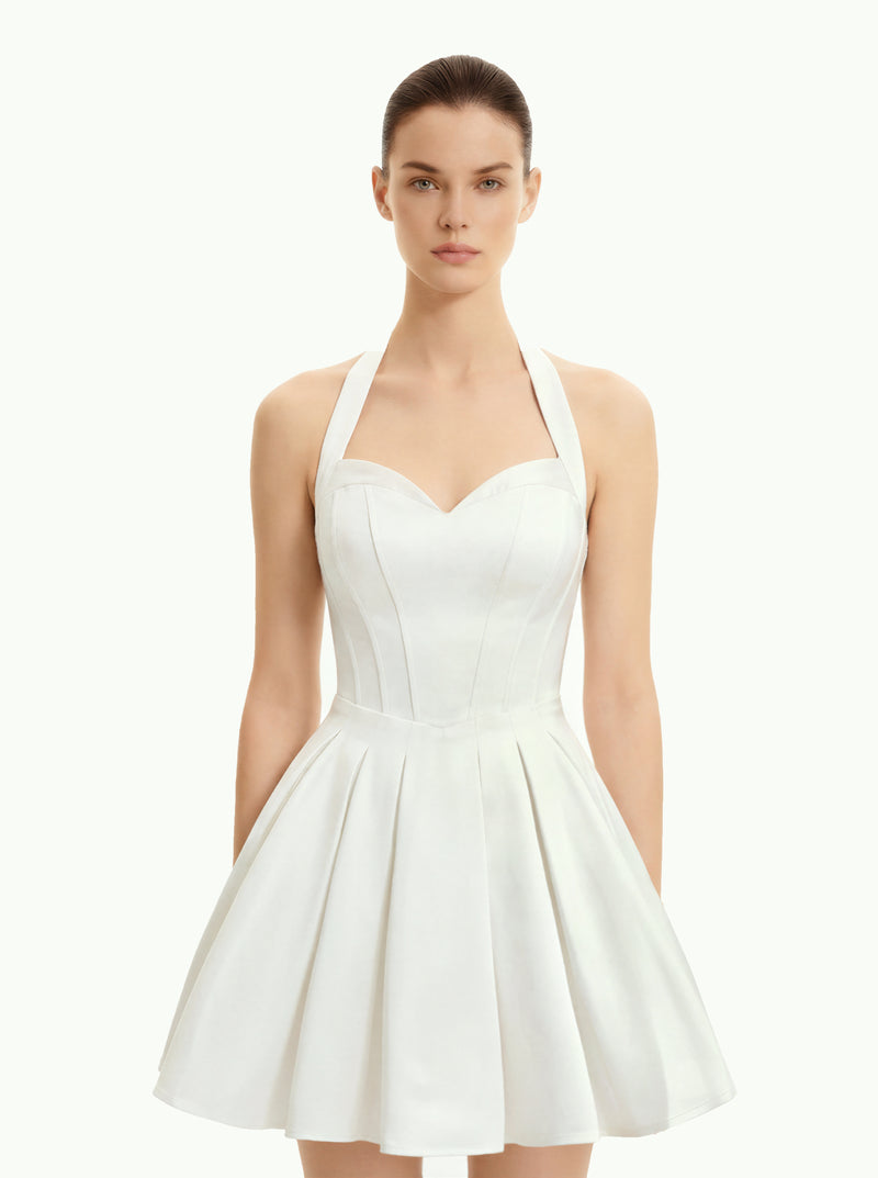 Pleated Bustier Halter Mini Dress - White