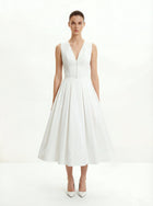 Front V-Neck Pleated Midi Dress - White