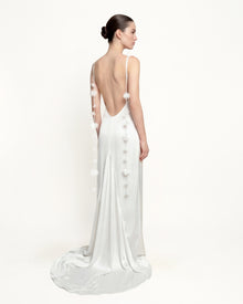 Satin Strappy Maxi Dress with Floral Streamers - White