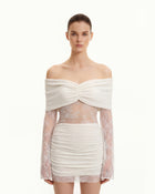 Off-Shoulder Ruched Mini Dress with Lace Sleeves - White