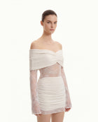 Off-Shoulder Ruched Mini Dress with Lace Sleeves - White