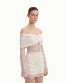Off-Shoulder Ruched Mini Dress with Lace Sleeves - White