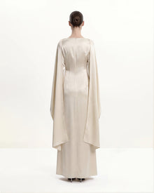 198Pearl-Trimmed Cape Sleeve Boat Neck Maxi Gown-Cream