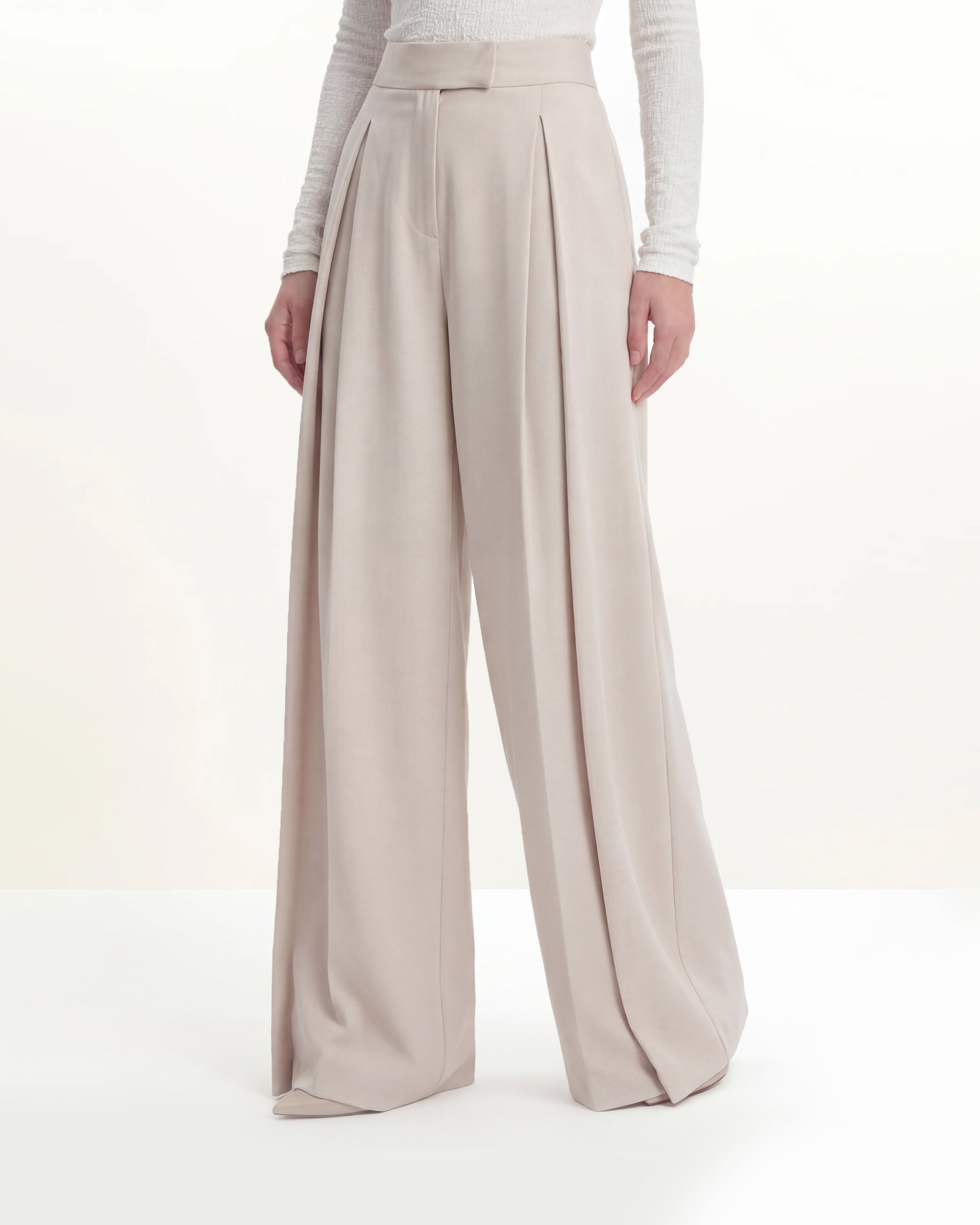 Pleated Wide-Leg Trousers - Beige