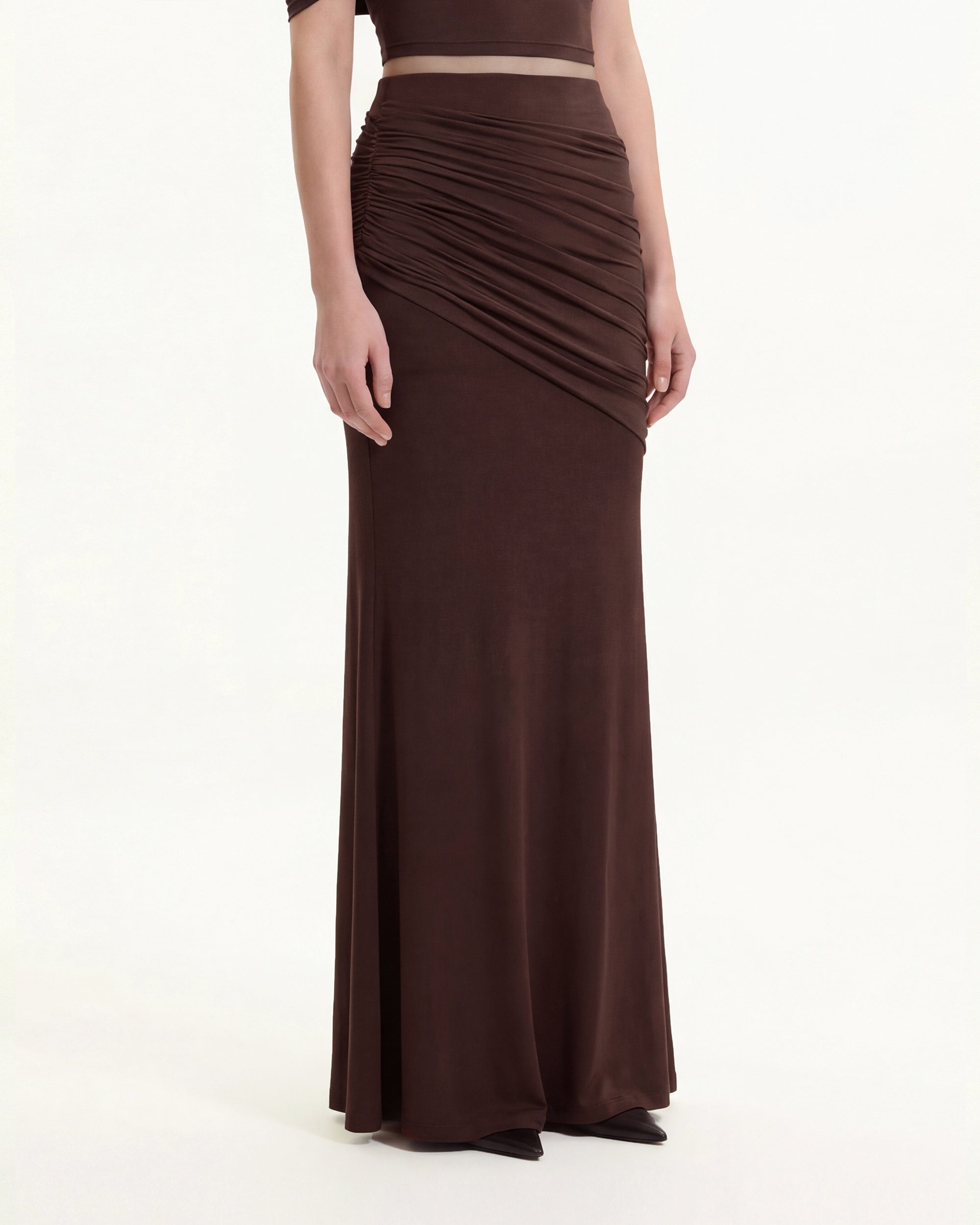 Ruched Column Maxi Skirt - Brown