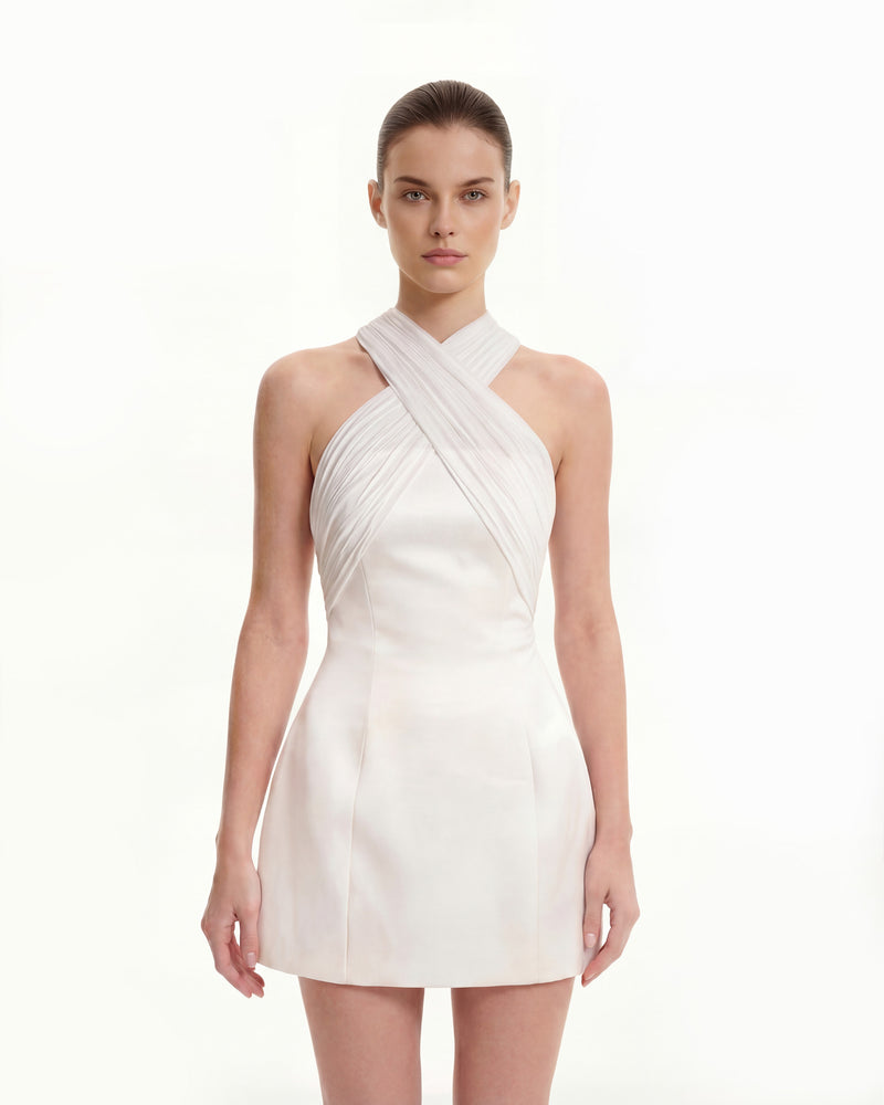 Satin Mini Dress with Tulle Cross-Halter - White