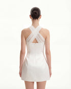 Satin Mini Dress with Tulle Cross-Halter - White