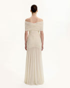 Ruched Off-Shoulder Sheer-Skirt Gown - Cream