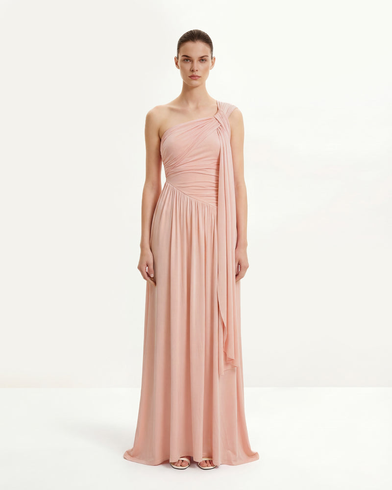 Ruched One-Shoulder Maxi Dress with Trailing Sash - Pink