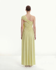 Ruched One-Shoulder Maxi Dress with Trailing Sash - Green
