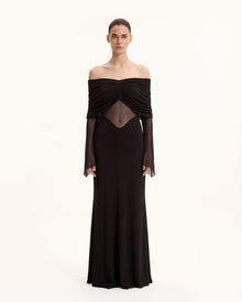 Twisted Tulle Paneled Off-Shoulder Maxi Dress - Black