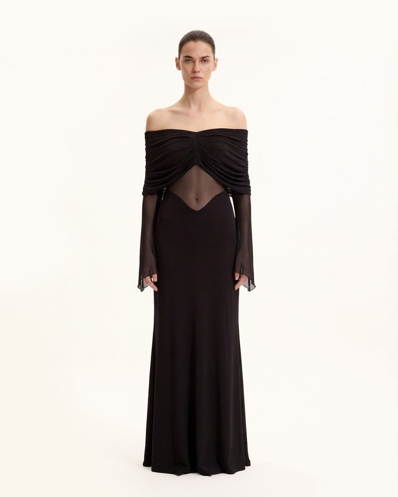 Twisted Tulle Paneled Off-Shoulder Maxi Dress - Black