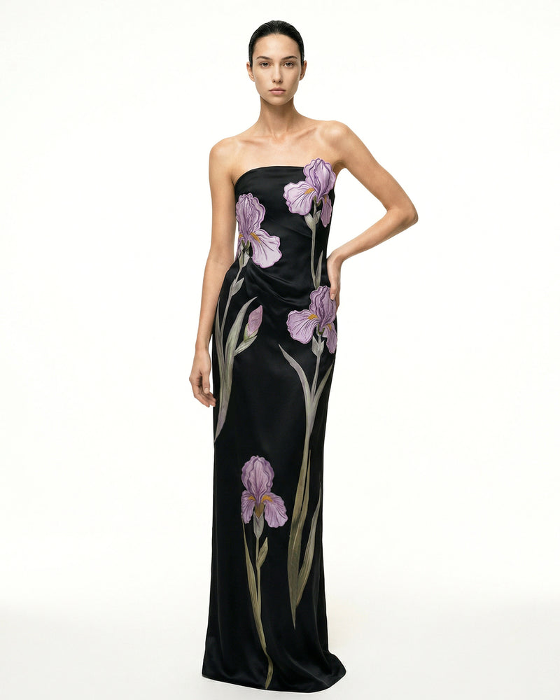 Iris Floral-Appliqué Strapless Maxi Dress - Black