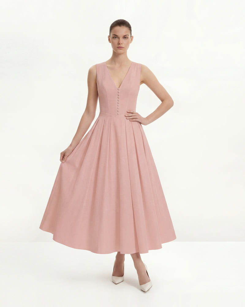 Front V-Neck Pleated Midi Dress - Pink