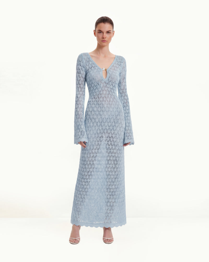 Pointelle Knit Keyhole Maxi Dress - Blue