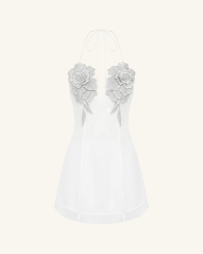Flower Embroidered Mini Dress - White