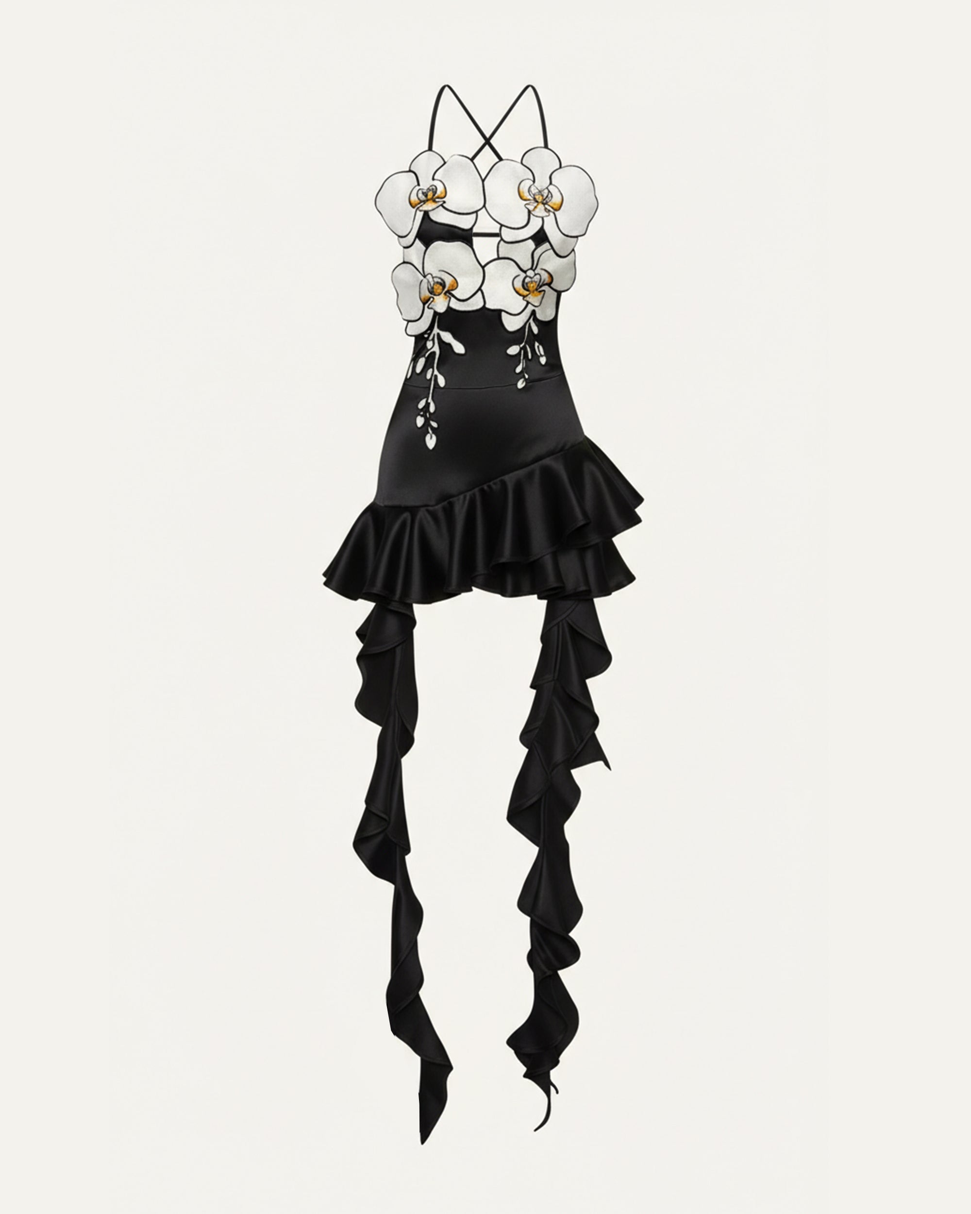 Orchid Embroidered Ruffle Hem Mini Dress - Black