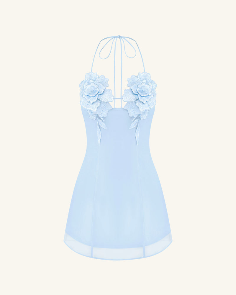 Flower Embroidered Mini Dress - Blue