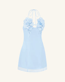 Flower Embroidered Mini Dress - Blue