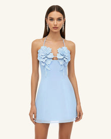 Flower Embroidered Mini Dress - Blue