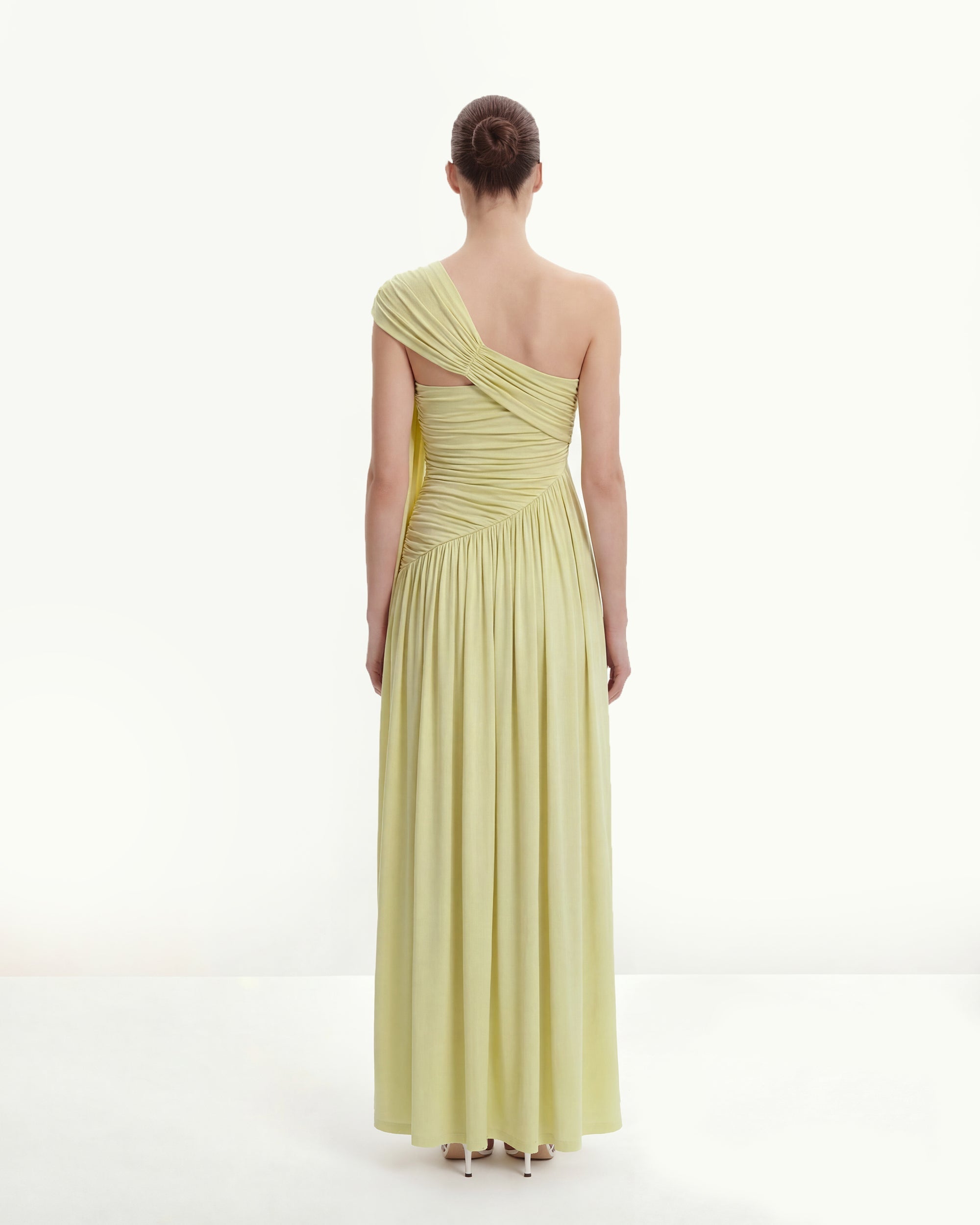 Ruched One-Shoulder Maxi Dress with Trailing Sash - Green