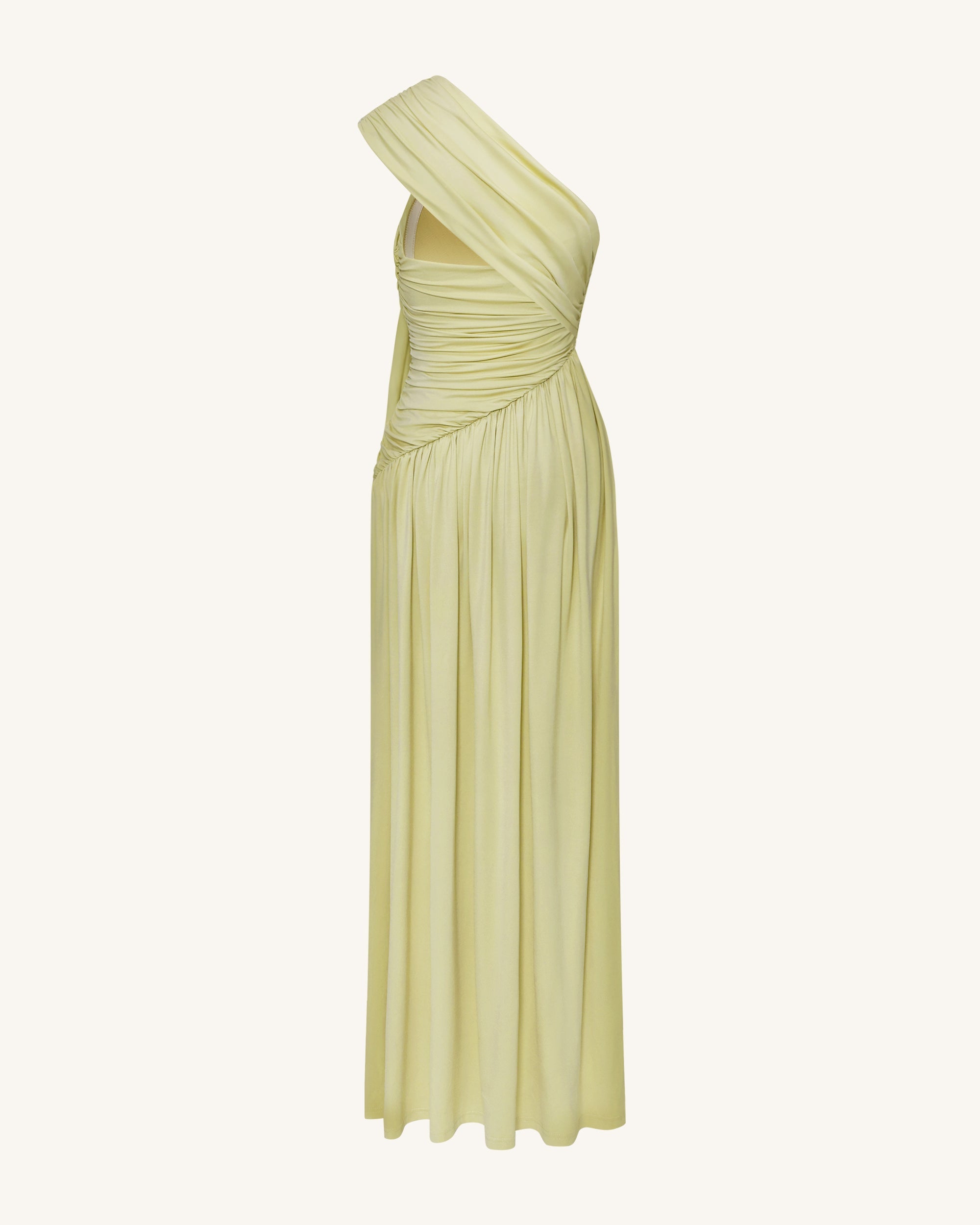 Ruched One-Shoulder Maxi Dress with Trailing Sash - Green