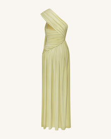 Ruched One-Shoulder Maxi Dress with Trailing Sash - Green