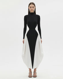 Monochrome Paneled Long-Sleeve Maxi Dress - Black