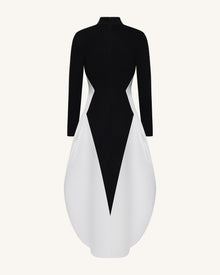 Monochrome Paneled Long-Sleeve Maxi Dress - Black