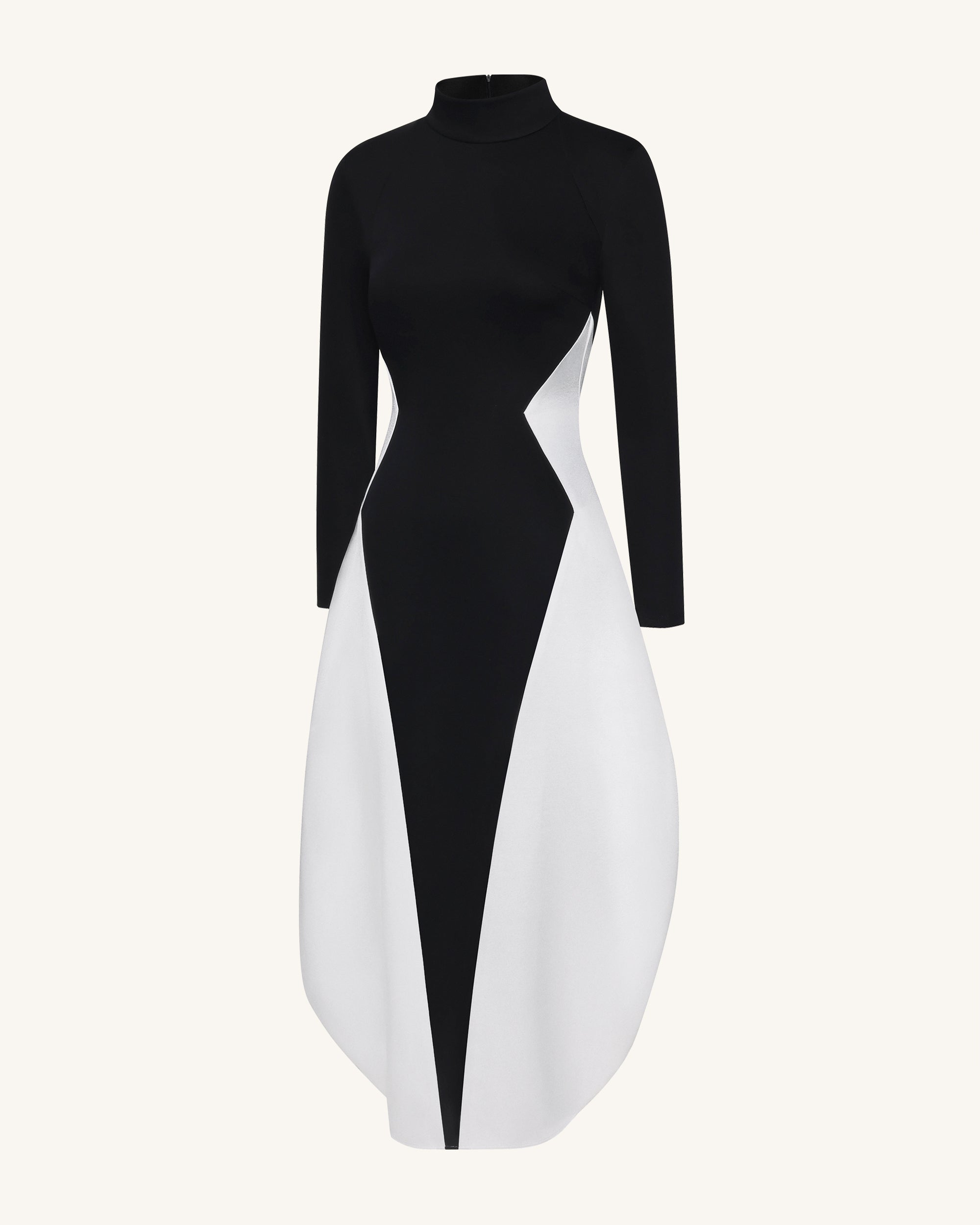 Monochrome Paneled Long-Sleeve Maxi Dress - Black