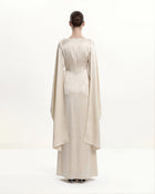 198Pearl-Trimmed Cape Sleeve Boat Neck Maxi Gown-Cream
