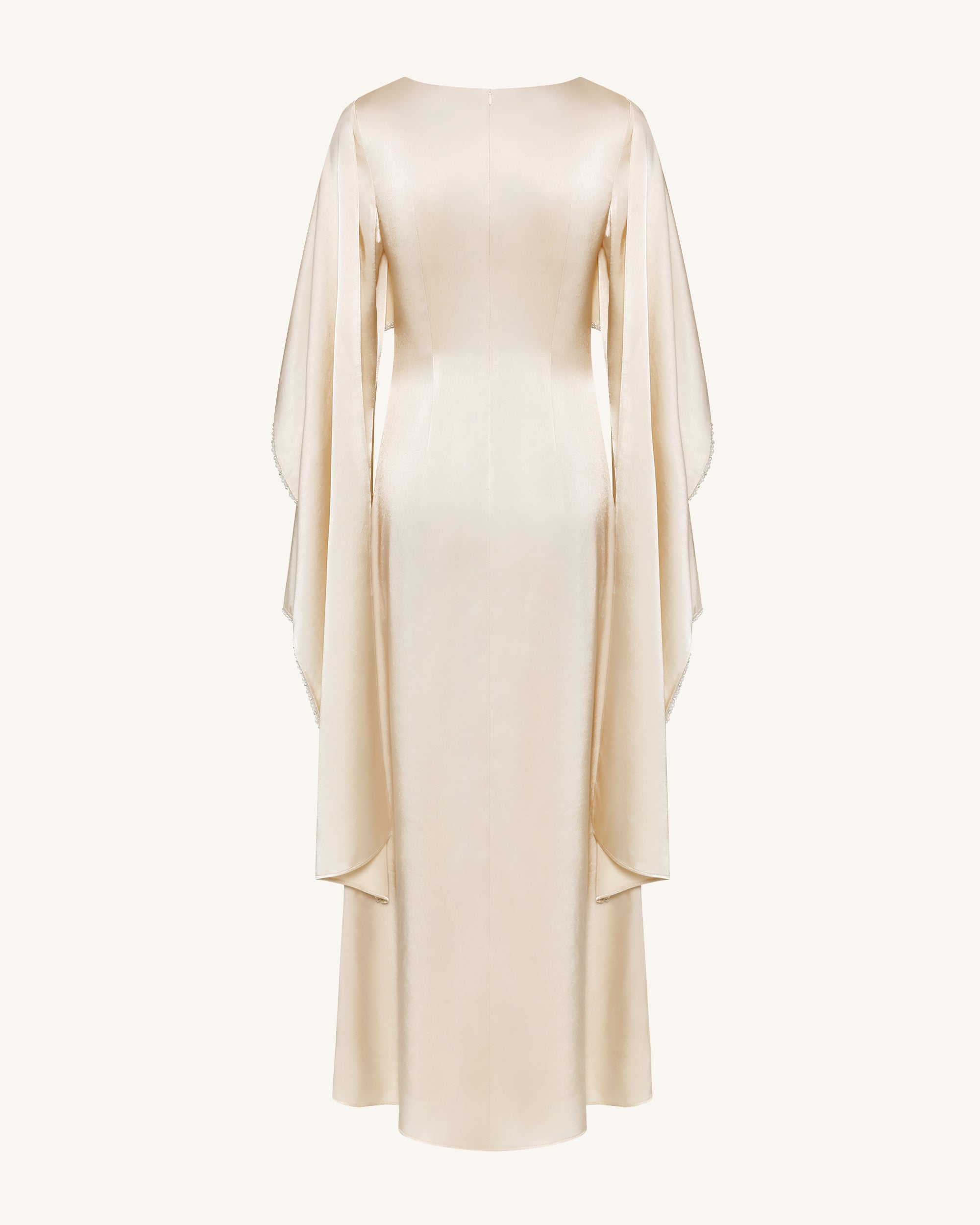 198Pearl-Trimmed Cape Sleeve Boat Neck Maxi Gown-Cream