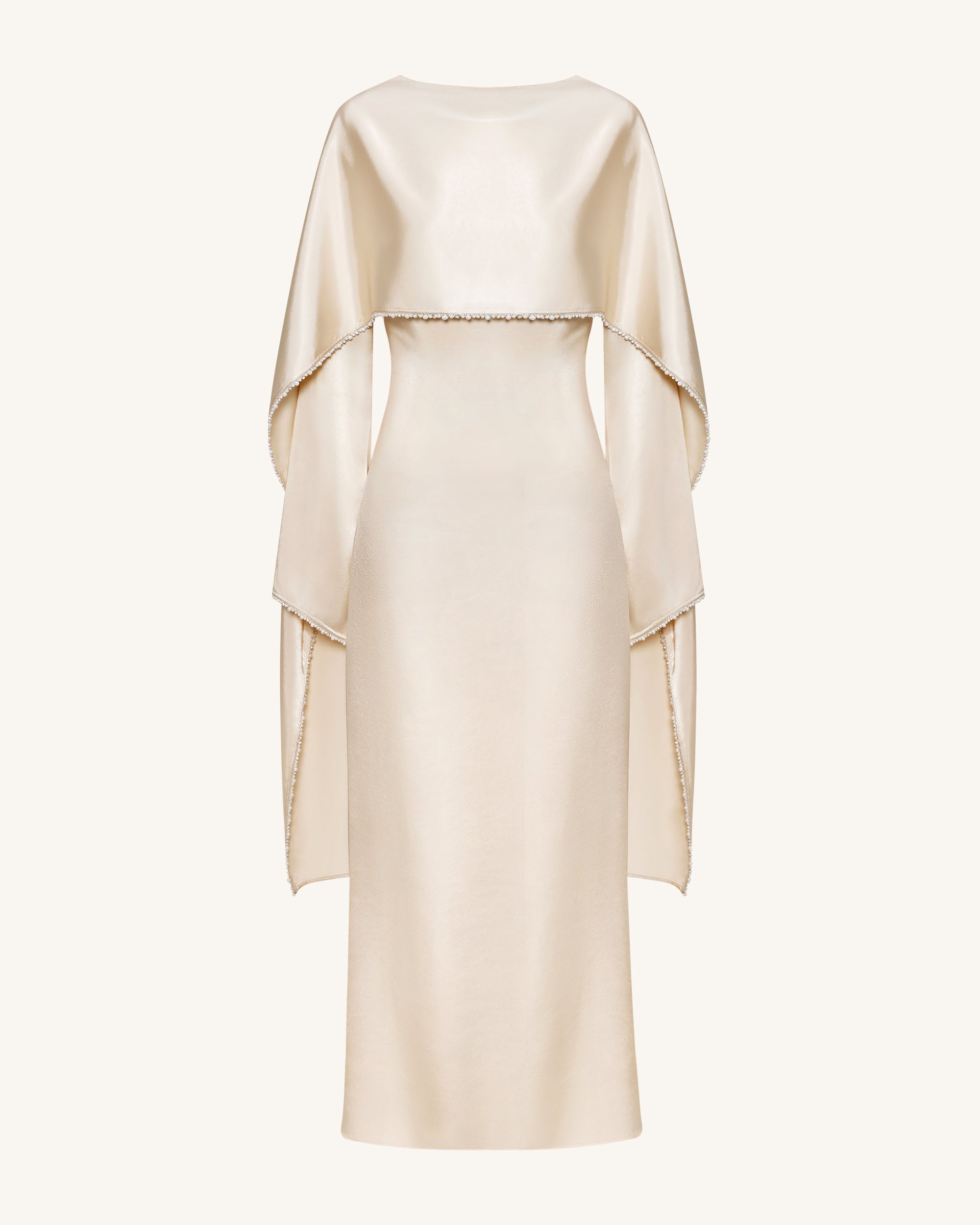 198Pearl-Trimmed Cape Sleeve Boat Neck Maxi Gown-Cream