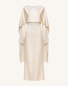 198Pearl-Trimmed Cape Sleeve Boat Neck Maxi Gown-Cream