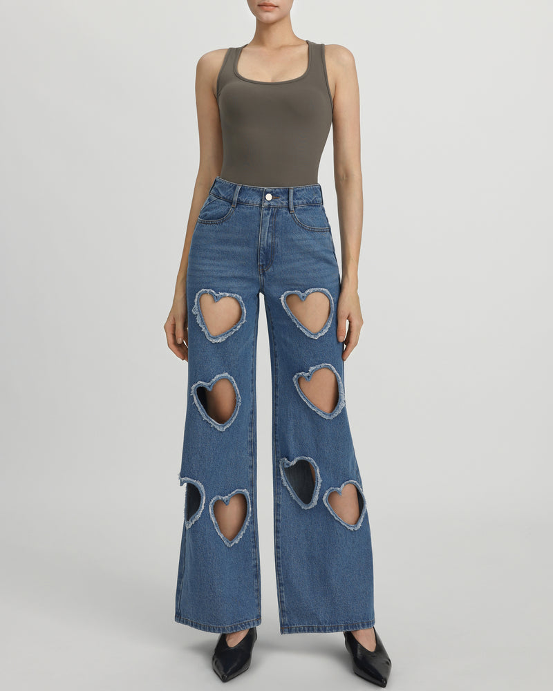 Sophia Embellished Heart Cut-Out Denim Jeans - Medium Blue