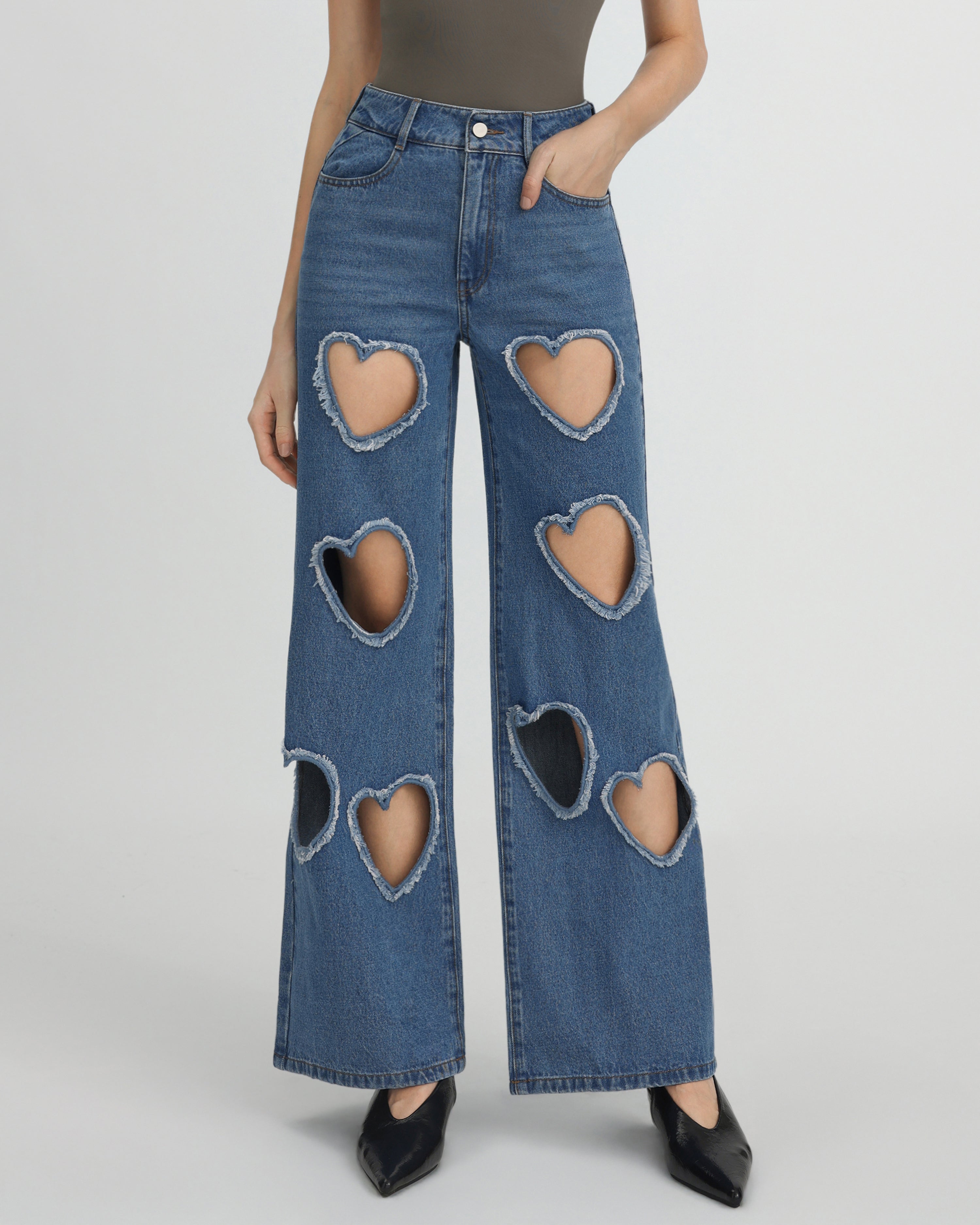 Sophia Embellished Heart Cut-Out Denim Jeans - Medium Blue | JW PEI