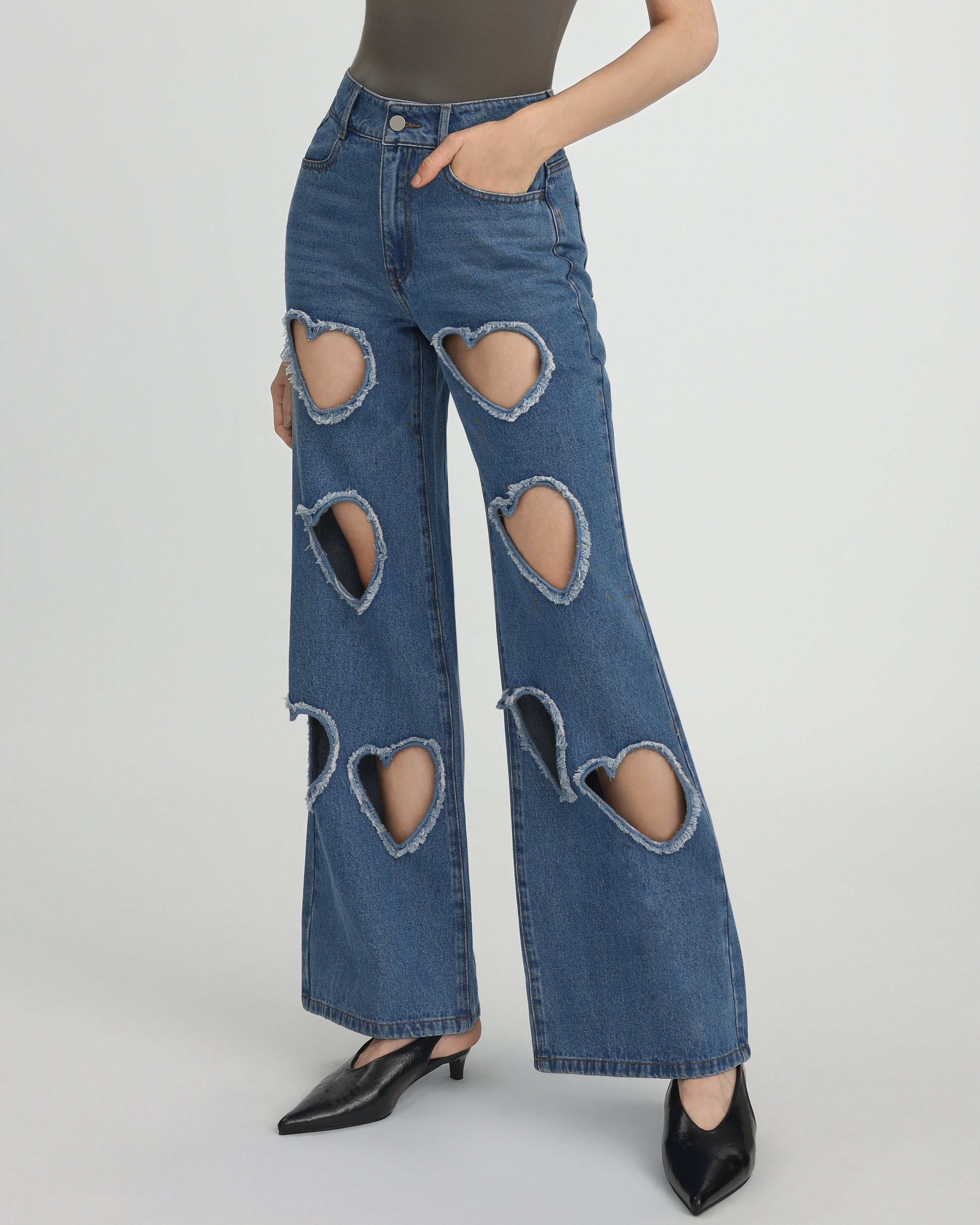Sophia Embellished Heart Cut-Out Denim Jeans - Medium Blue | JW PEI Sophia Embellished Heart Cut-Out Denim Jeans - Medium Blue | JW PEI