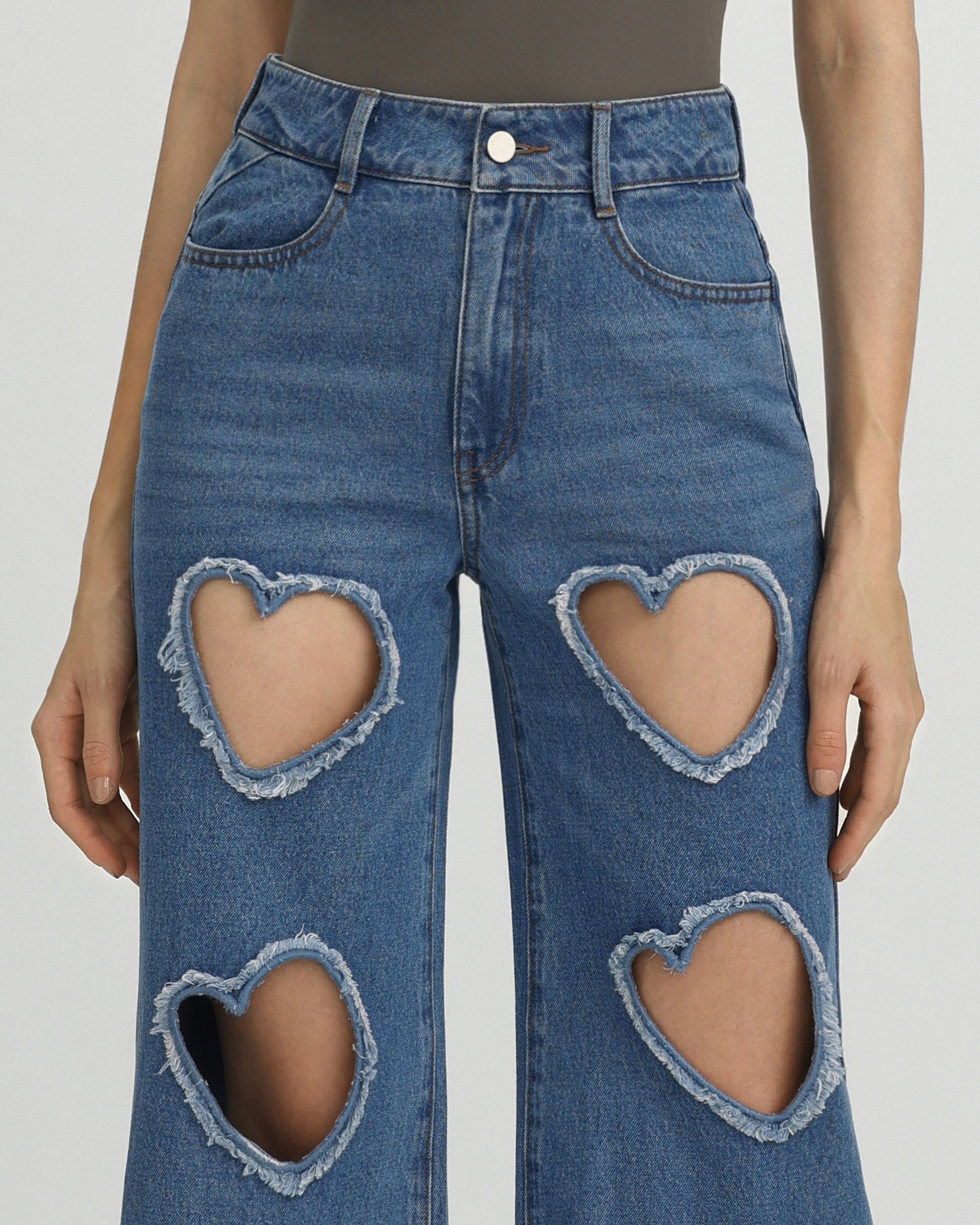 Sophia Embellished Heart Cut-Out Denim Jeans - Medium Blue | JW PEI