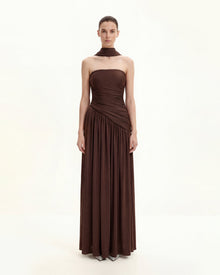 Ruched Panel Strapless Maxi Dress - Brown