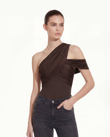 Ruched Asymmetric One-Shoulder Top - Brown