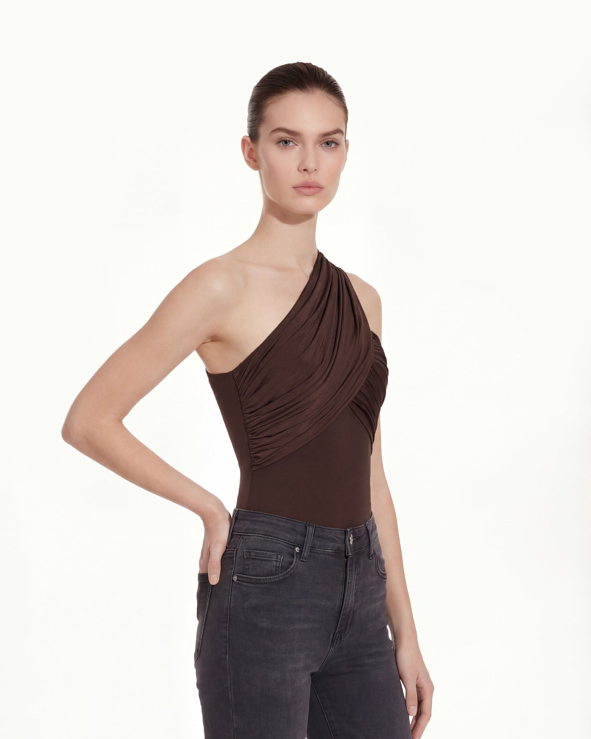 Ruched Asymmetric One-Shoulder Top - Brown