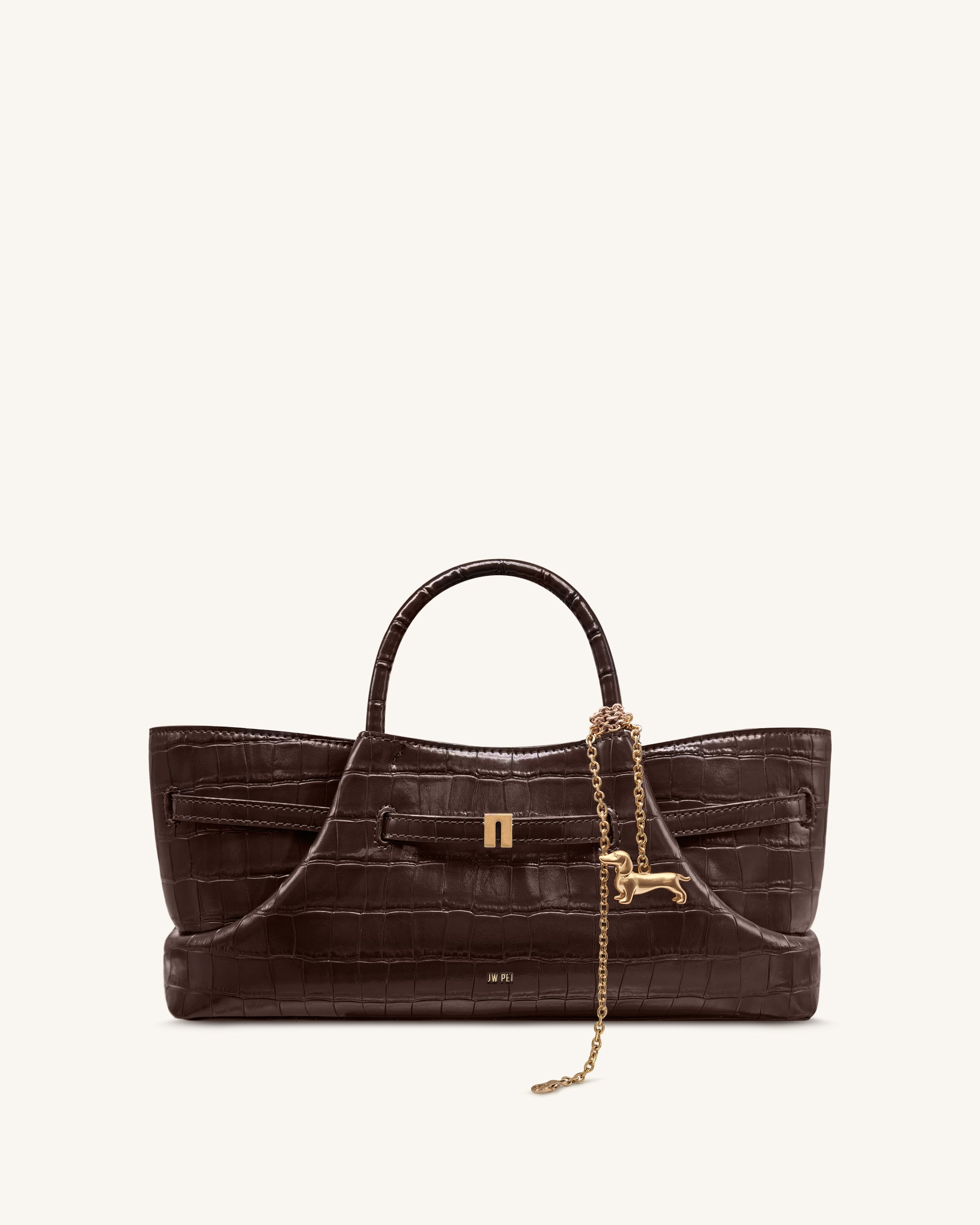 Maeve Dachshund Metal Charm Tote Bag - Dark Brown Croc