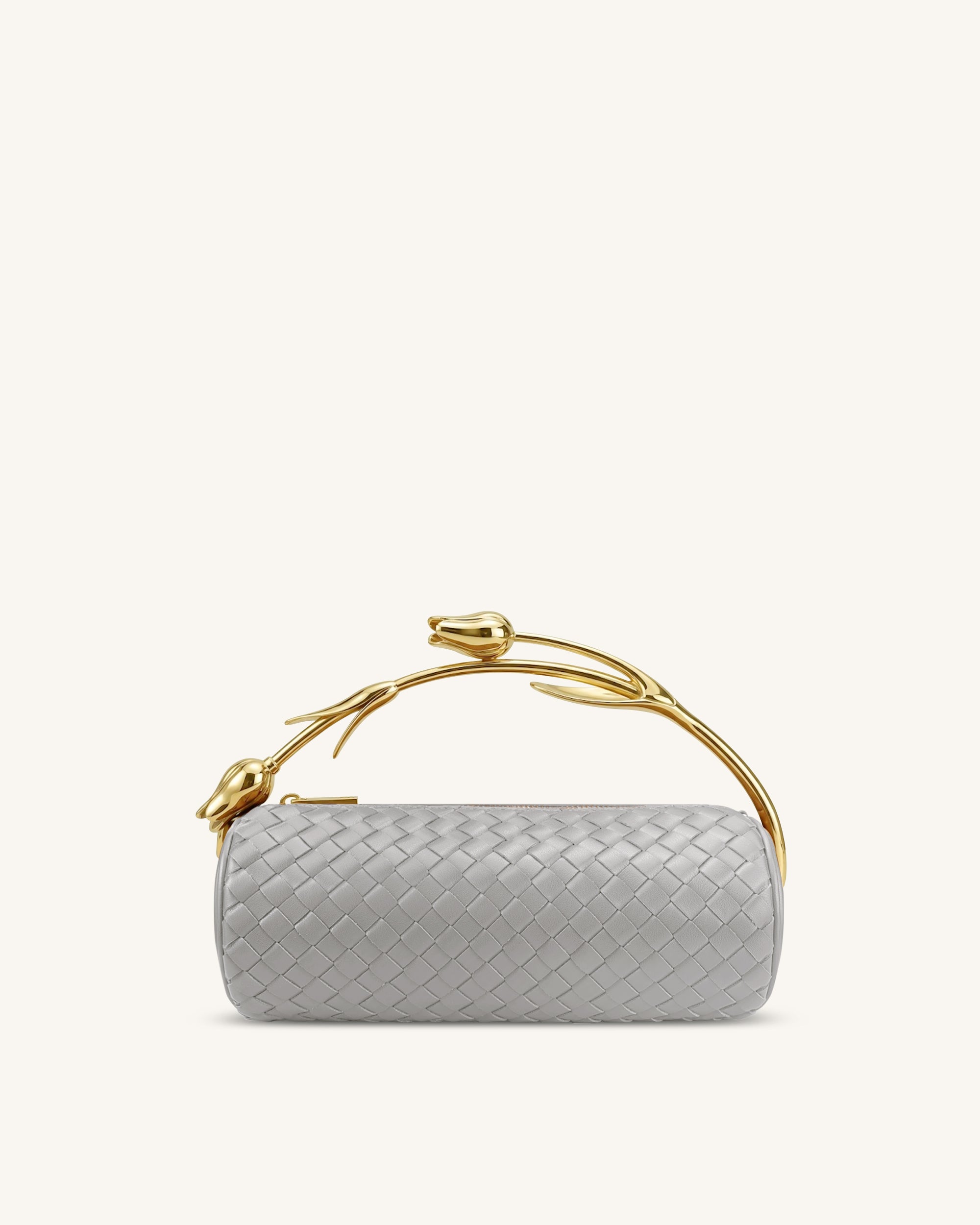 Elara Tulip Shaped Metal Handle Woven Top Handle Bag - Grey