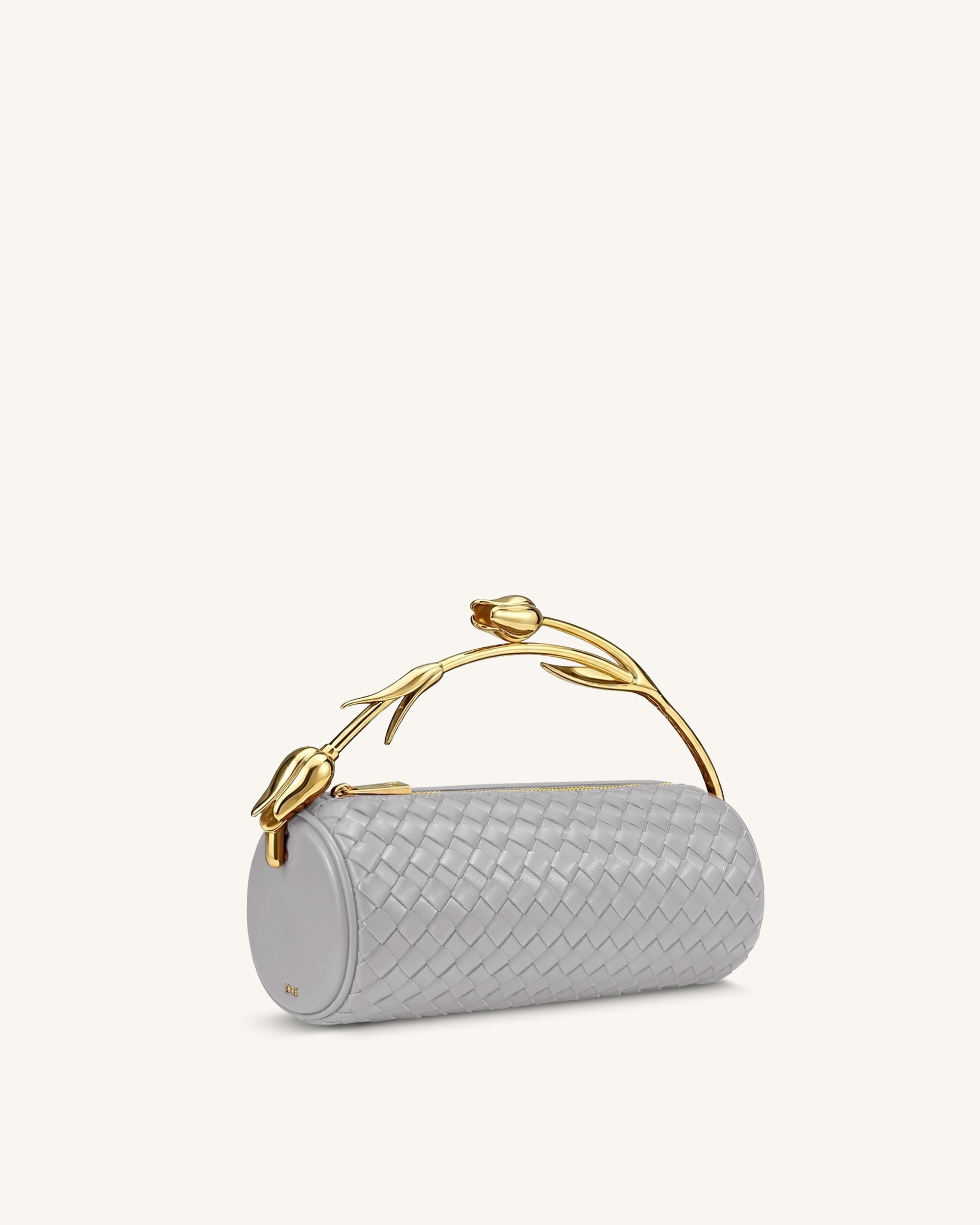 Elara Tulip Shaped Metal Handle Woven Top Handle Bag - Grey
