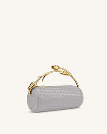 Elara Tulip Shaped Metal Handle Woven Top Handle Bag - Grey