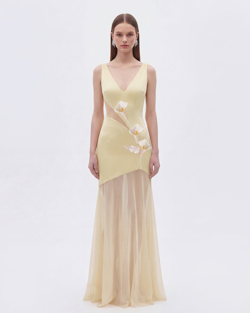 Floral Sheer Panel Dress - Light Yellow