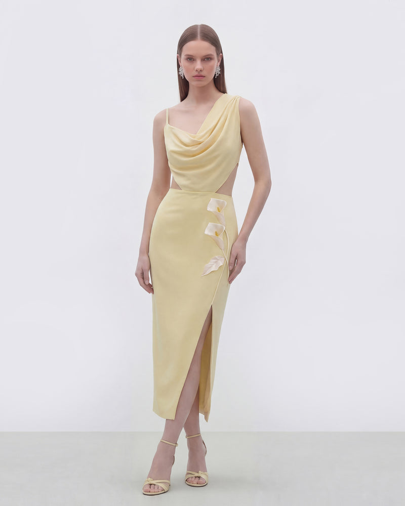 Floral Appliqué Draped Dress - Yellow